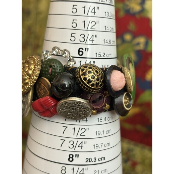 Art Deco Button Bracelet 6.5” Handmade Mixed Materials 80s 90s Vintage - Picture 8 of 9